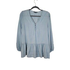 American Eagle Long Sleeve Ruffle Top Women Size XL Blue Coastal Lagenlook